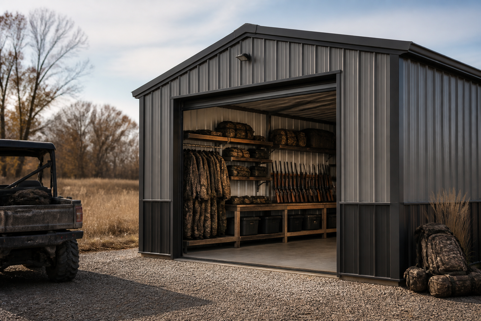 A durable metal building serving as a hunting gear storage solution.