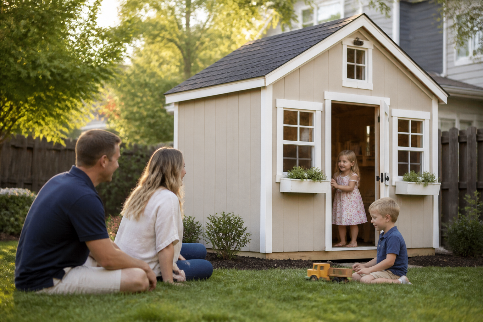 A family enjoying their new playhouse shed in their Charlotte, NC backyard