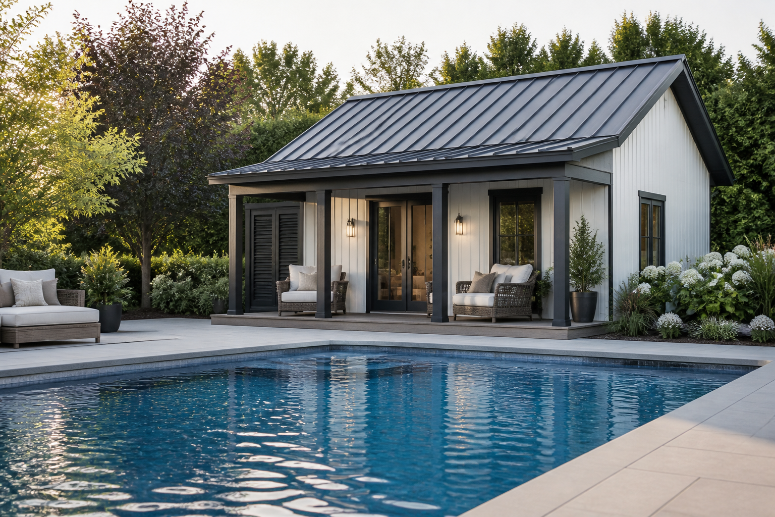 A stylish backyard pool with a modern pool house shed featuring a small porch and lounge chairs.