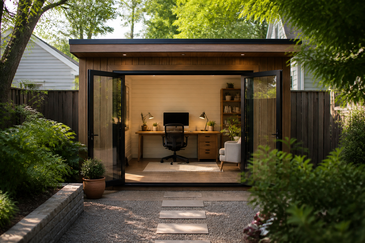 A stylish wood shed in a backyard converted into a modern home office space in Charlotte, NC