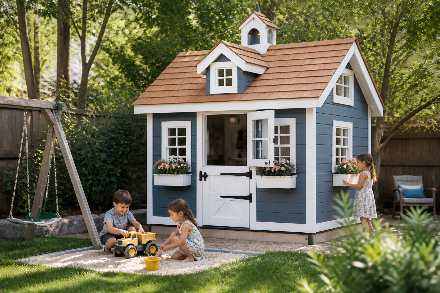 A vibrant, custom-designed playhouse shed in a backyard with children playing