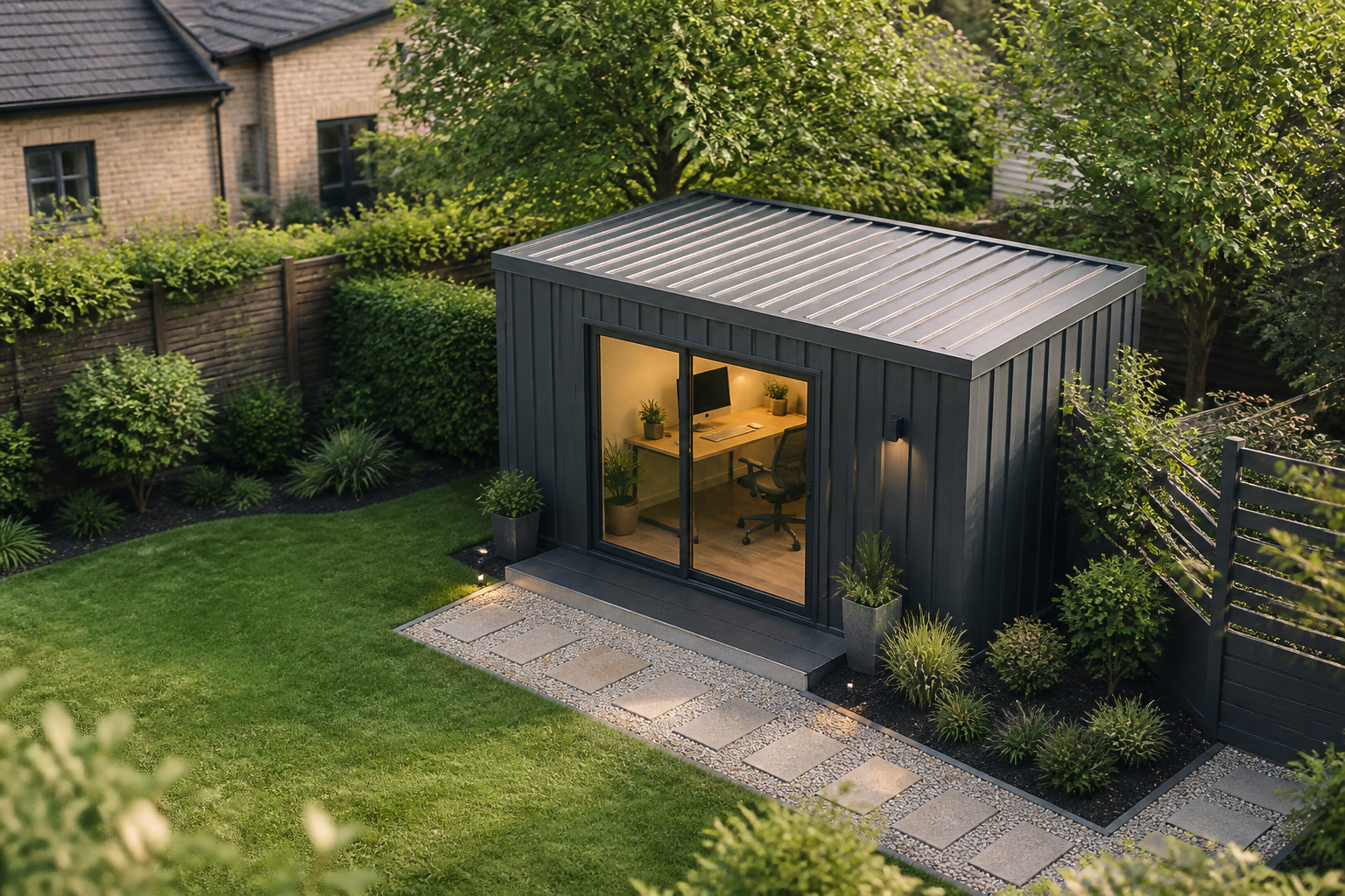 An aerial view of a property showing a well-integrated metal storage shed serving as a backyard office