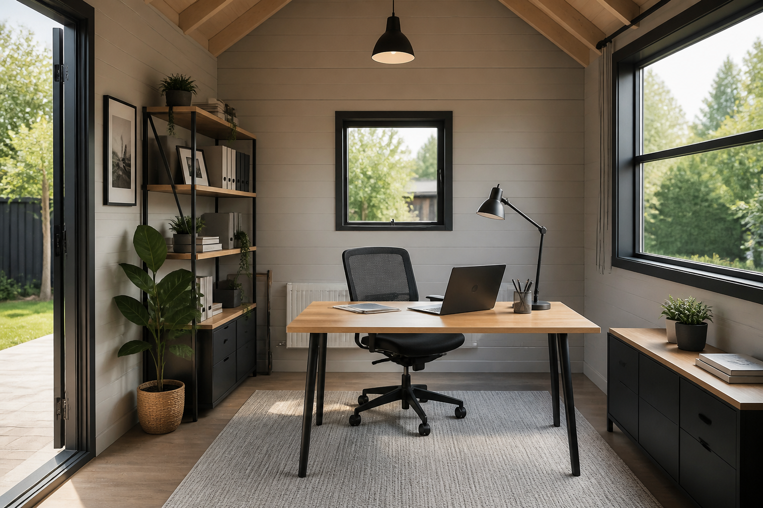 Interior view of a customized home office shed with a desk, shelves, and natural light