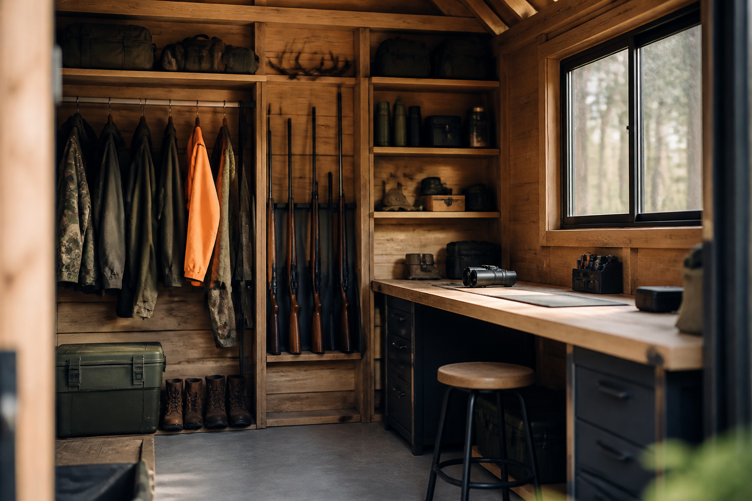 Interior view of a hunting shed showing organized gear, shelves, and a workbench.