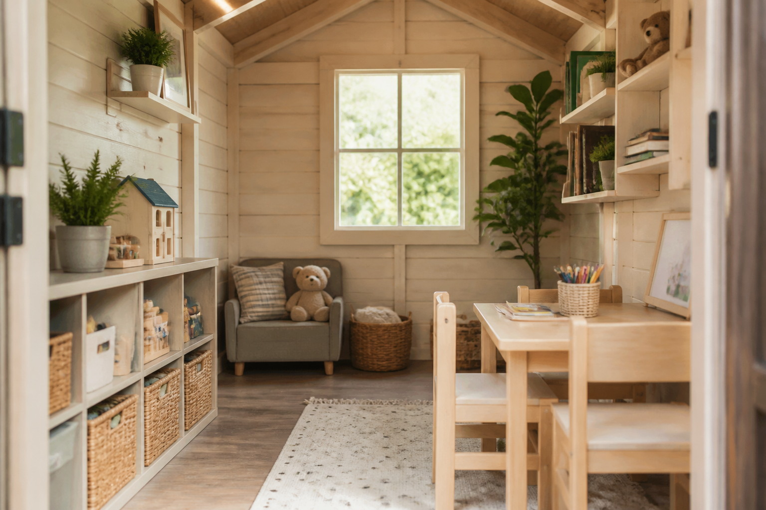 Interior view of a well-organized playhouse shed with shelving and small furniture