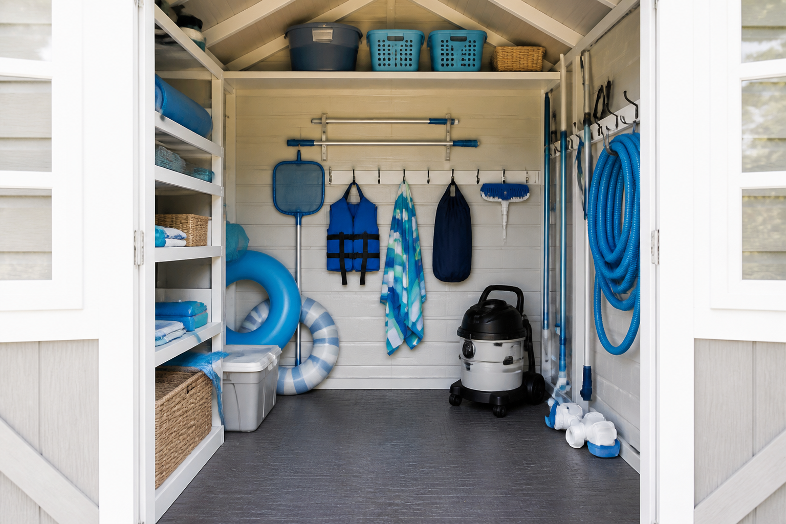 Interior view of a well-organized pool house shed with shelves, hooks, and neatly stored pool equipment.