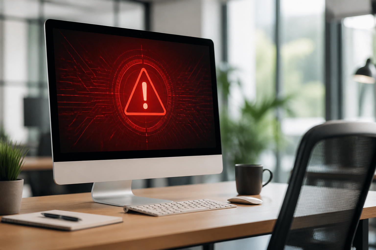 A computer screen displaying an alert, representing a cybersecurity threat.