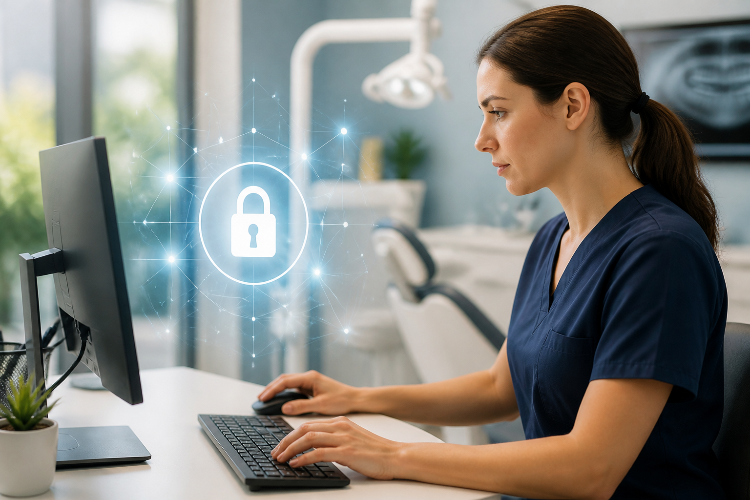 A dental professional working on a computer with a secure network icon overlay