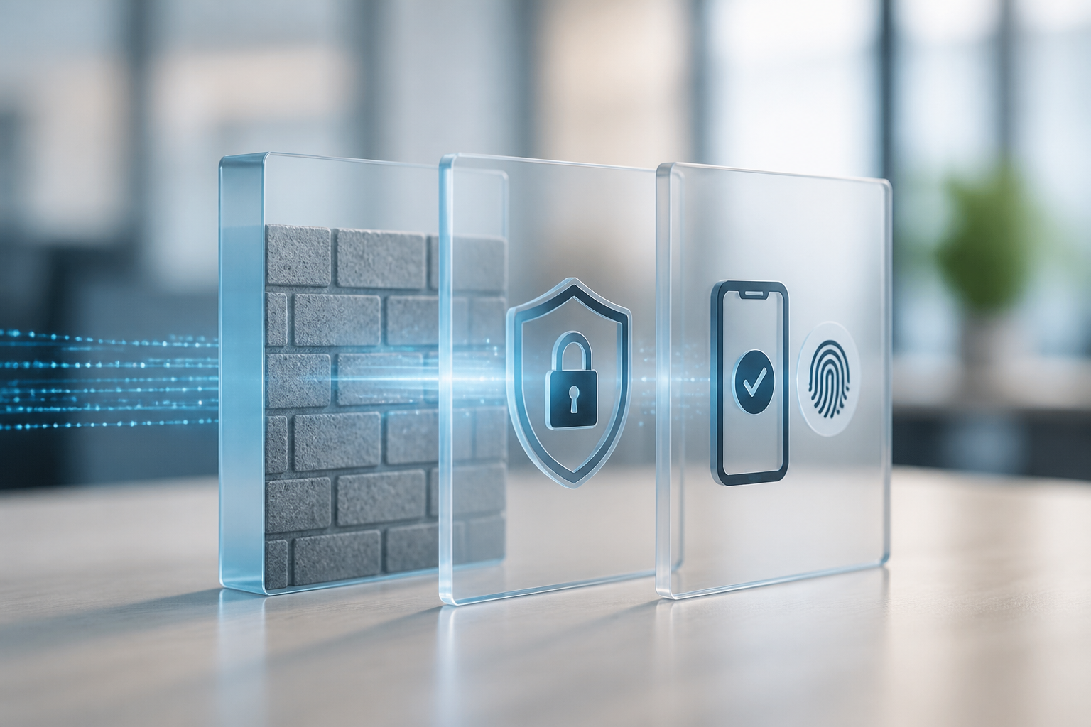 A graphic showing layered security defenses, including firewalls, encryption, and multi-factor authentication.