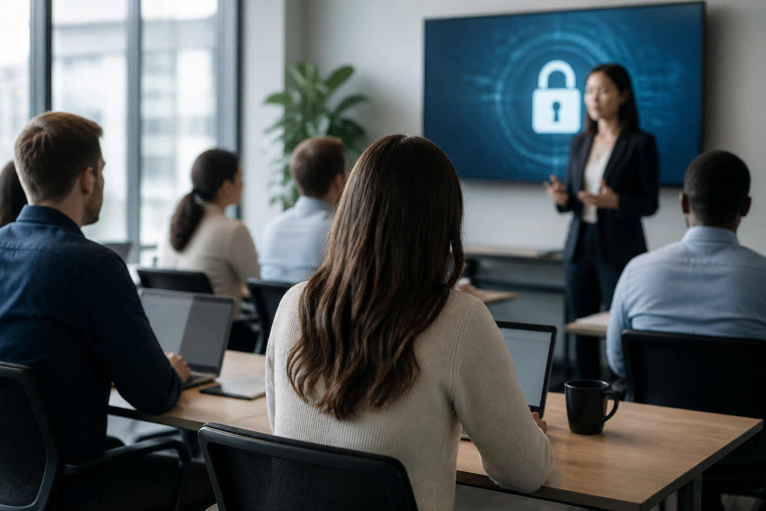 A group of employees participating in a cybersecurity training session.