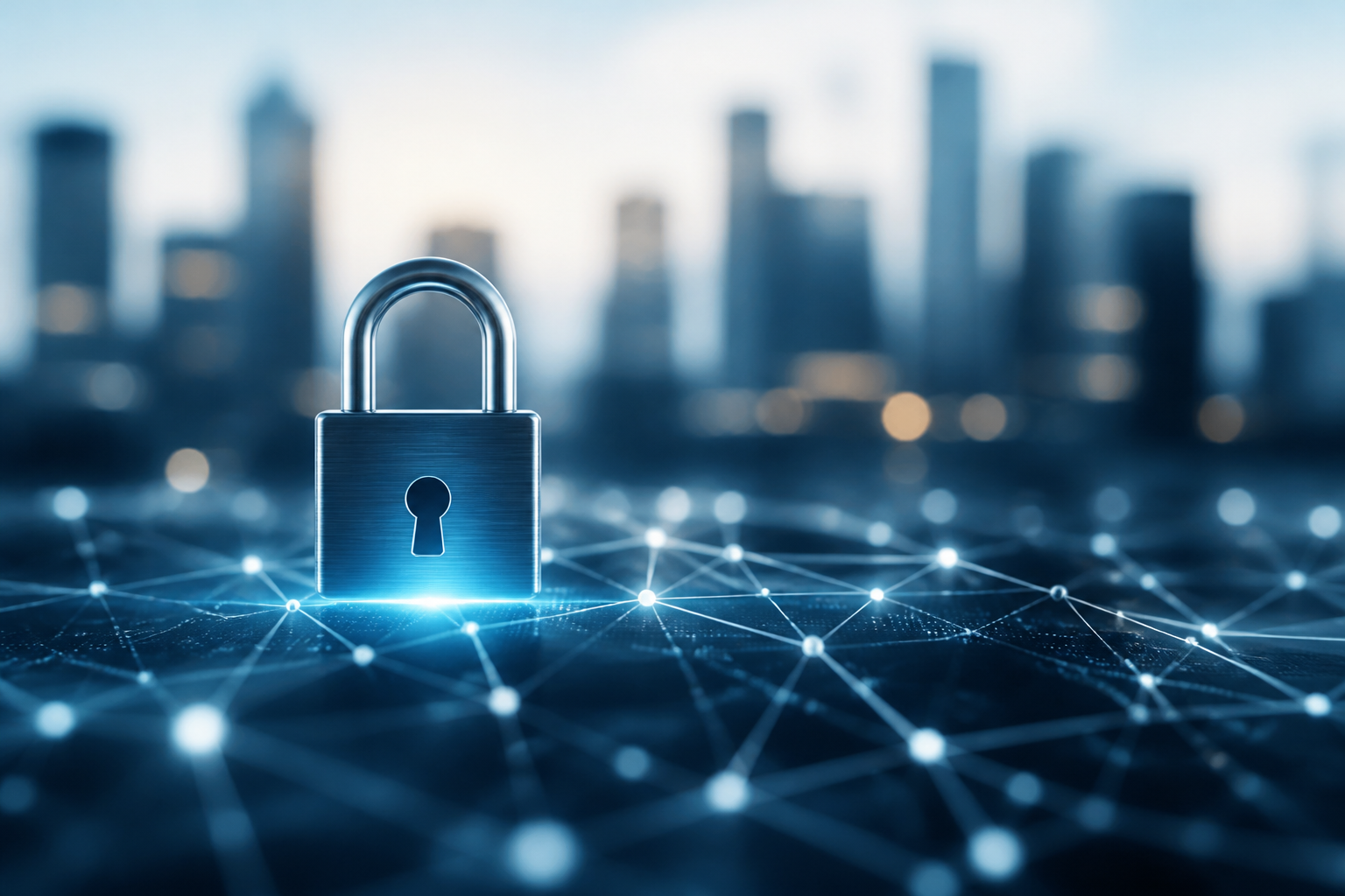 A padlock icon layered over a digital network, symbolizing cybersecurity for businesses.