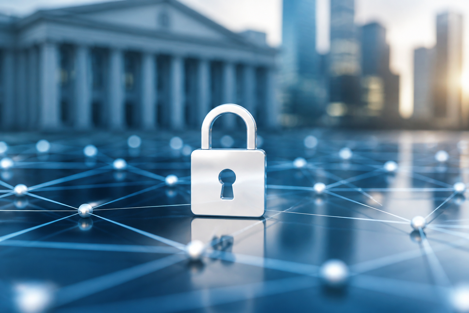 A padlock icon overlaying a network diagram, symbolizing data protection for financial institutions.
