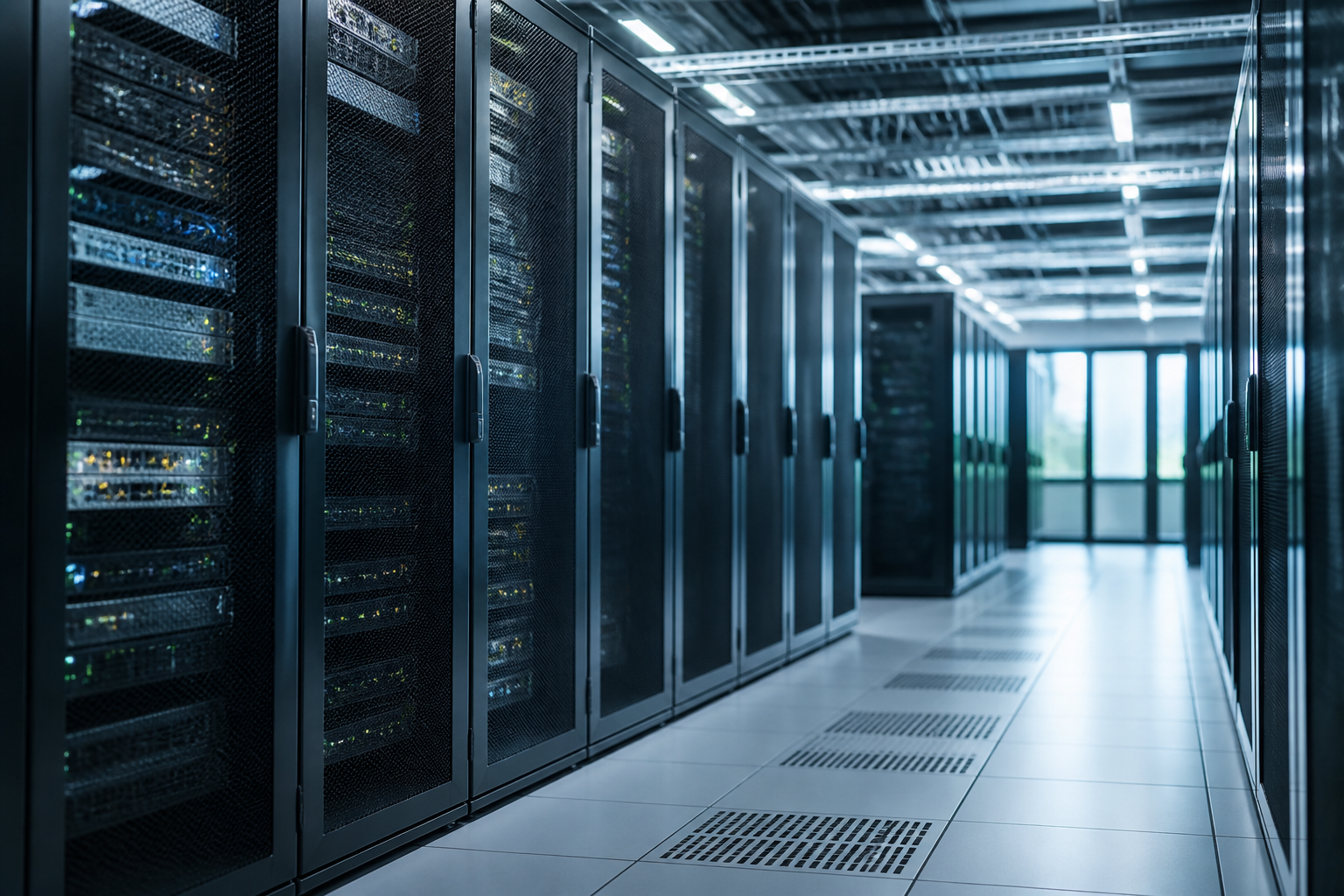 A secure data center with multiple servers and network equipment representing cloud infrastructure.