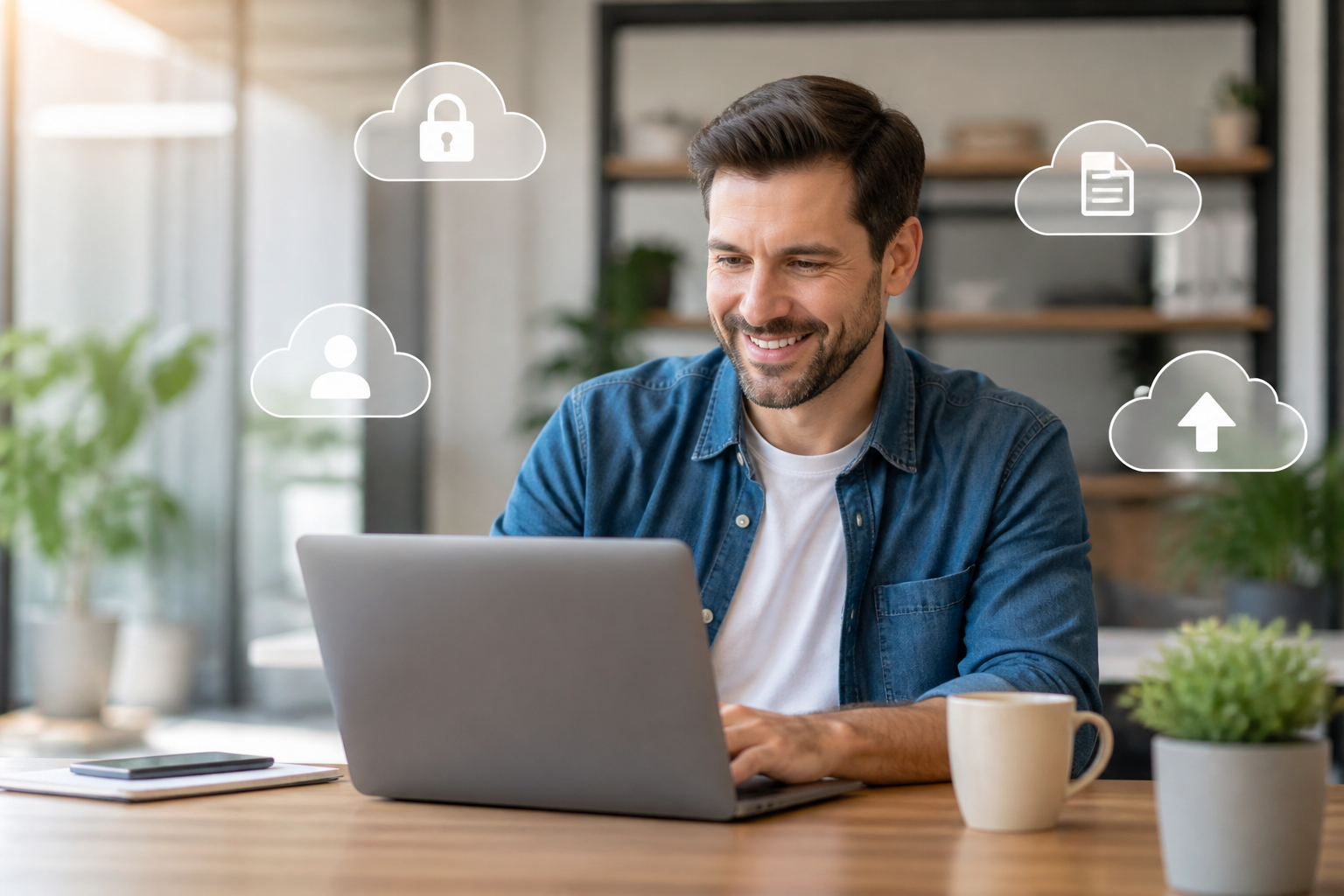 A small business owner smiling while using a laptop with cloud icons floating around.
