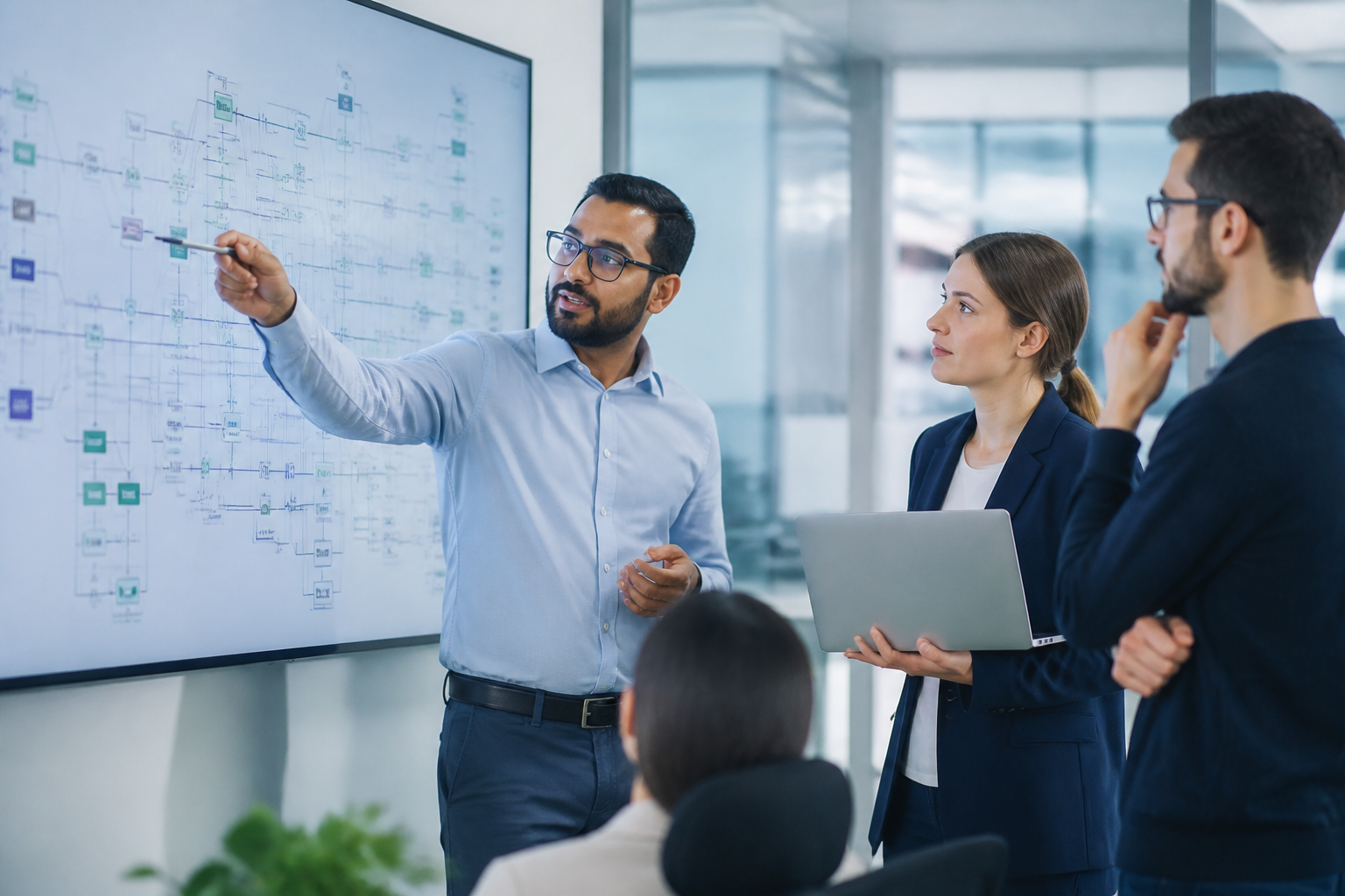 A team of IT experts discussing a complex network diagram