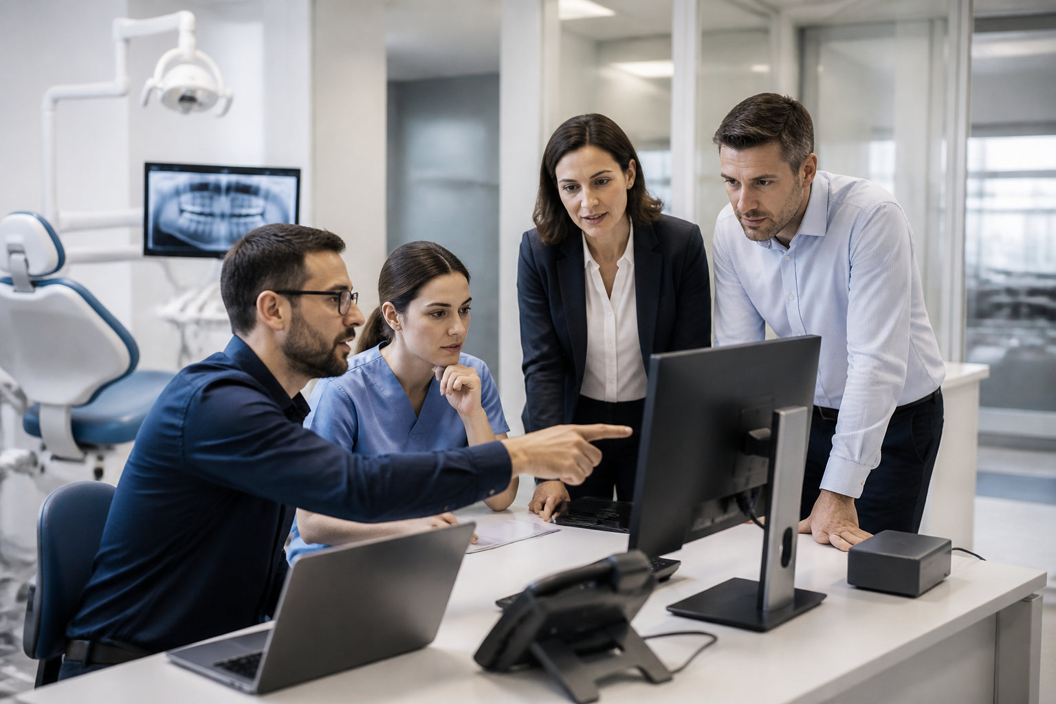 A team of IT specialists collaborating with dental office staff on technology solutions