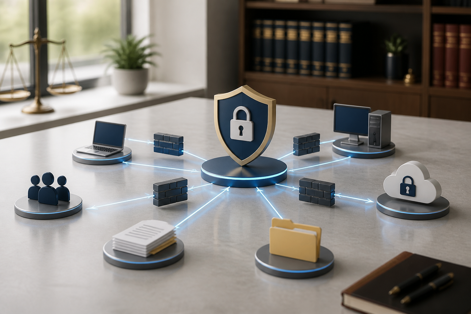 Diagram illustrating data flow and security measures within a law firm's network