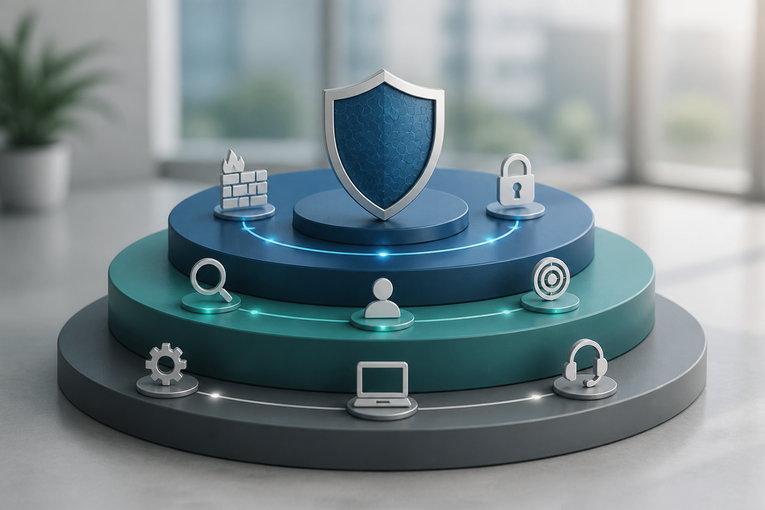 Diagram showing a multi-layered cybersecurity defense strategy with preventative, detective, and responsive elements