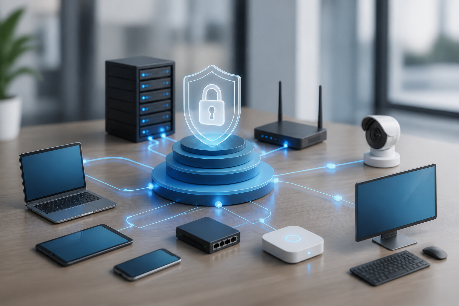 Diagram showing interconnected network devices and cybersecurity layers