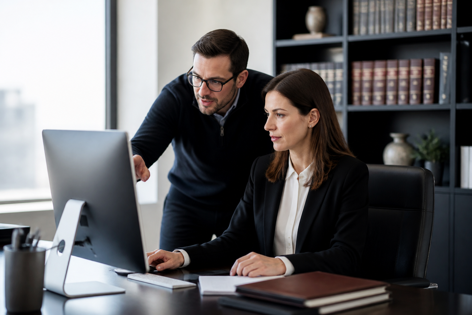 IT expert assisting a lawyer with secure document access on a computer