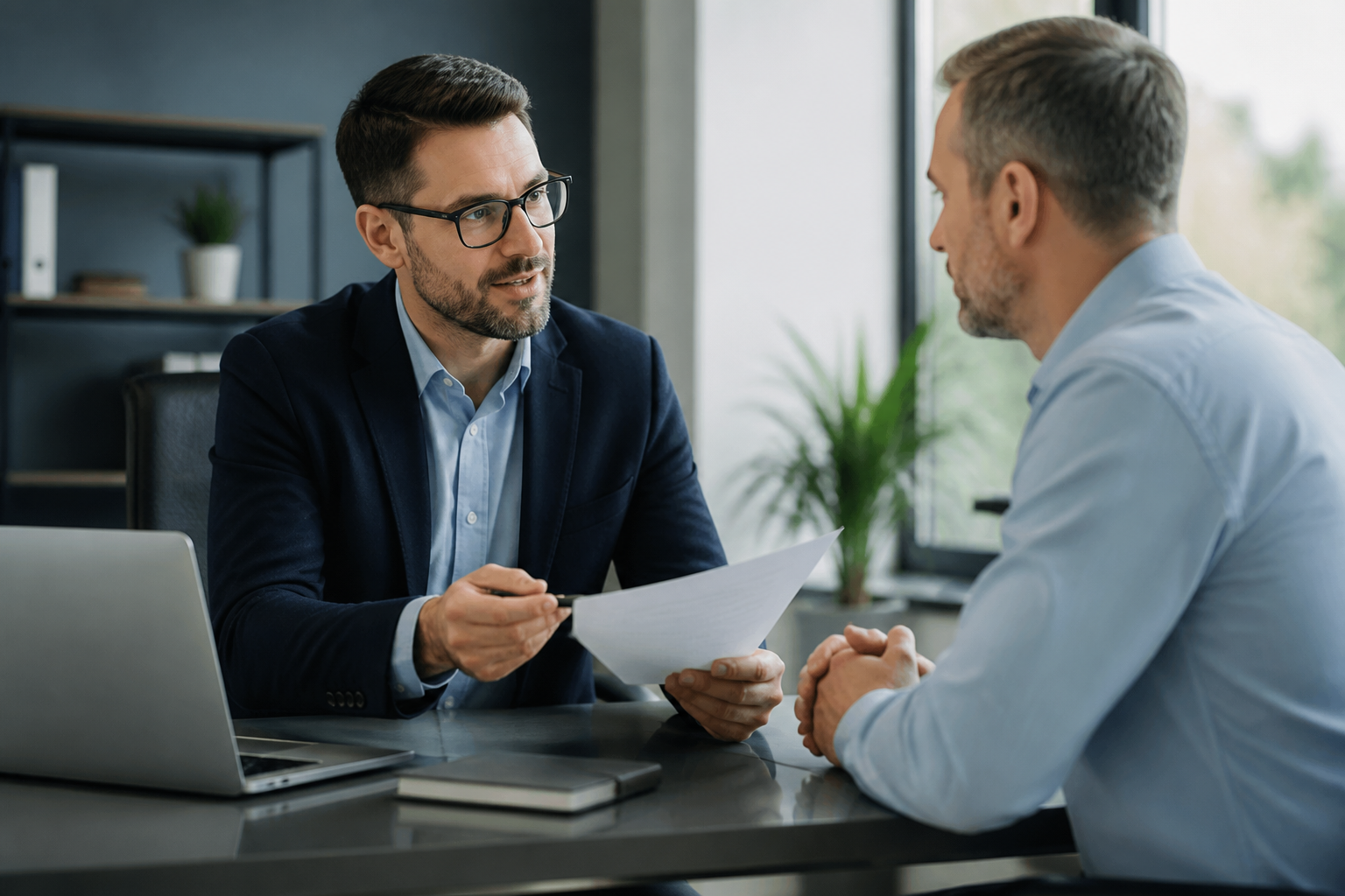 IT professional explaining a service agreement to a small business client