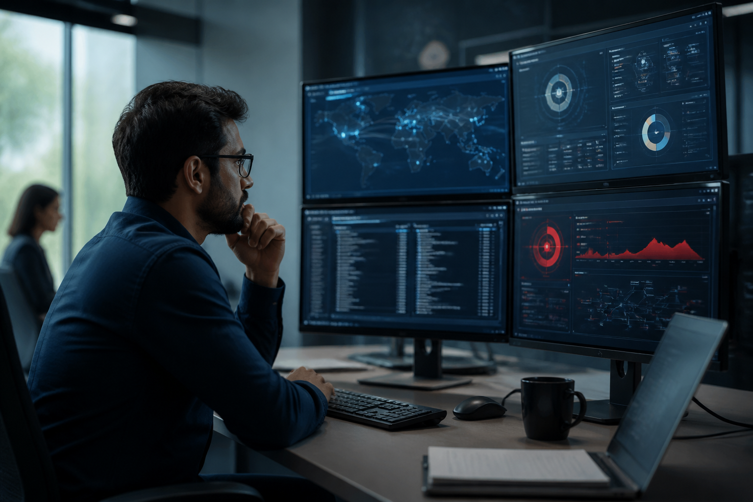 IT professional monitoring multiple screens with cybersecurity dashboards and threat alerts