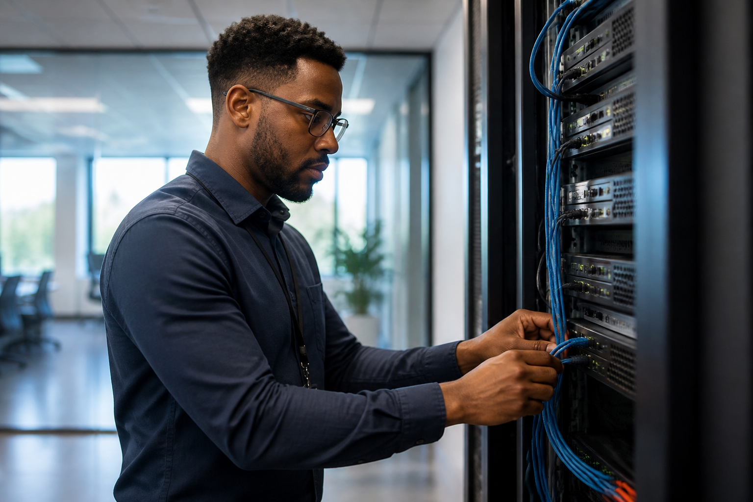 IT professional working on a server rack in North Charleston office