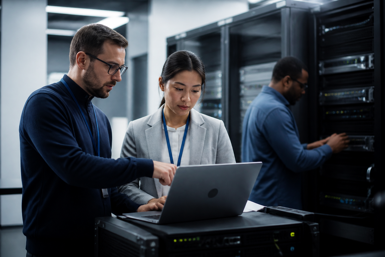 IT professionals collaborating on a disaster recovery test in a server room