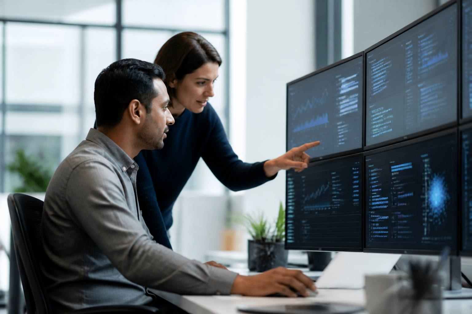 IT professionals collaborating to review data on multiple monitors