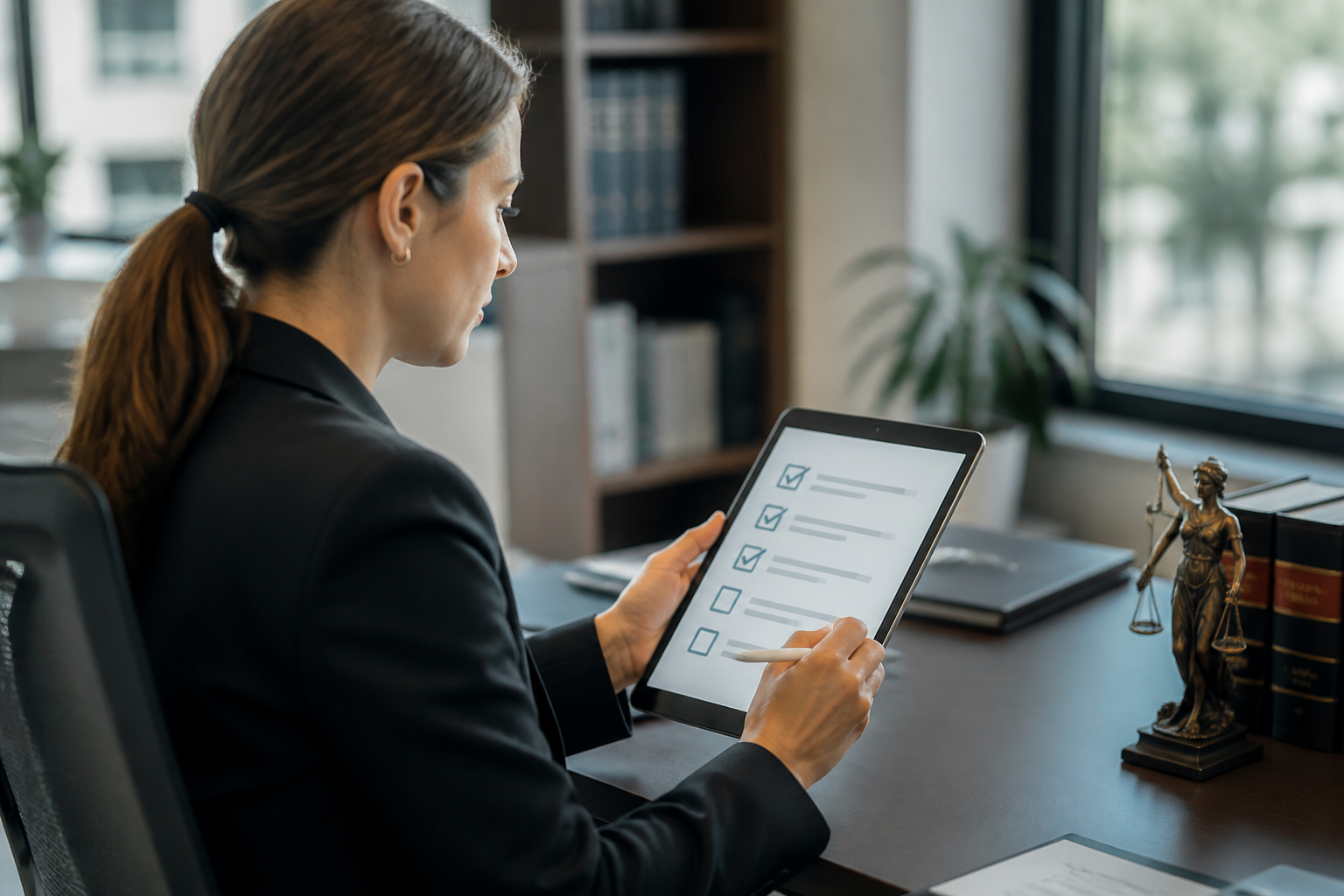 Legal professional reviewing a digital compliance checklist on a tablet