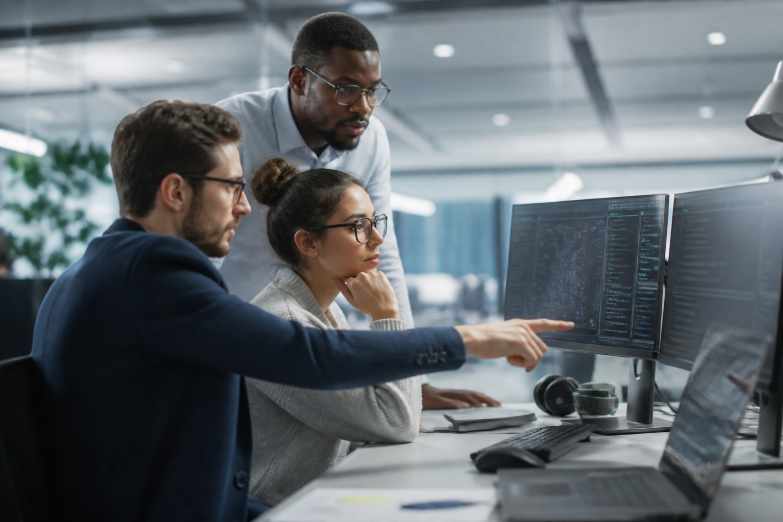People in an office collaborating to understand new technology and security protocols.