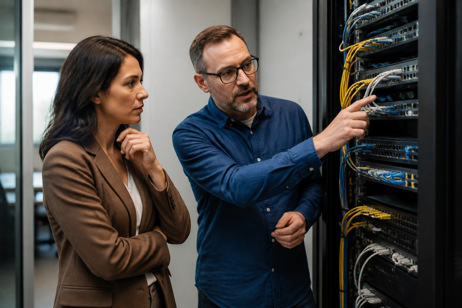 Small business owner looking at network infrastructure with a technician