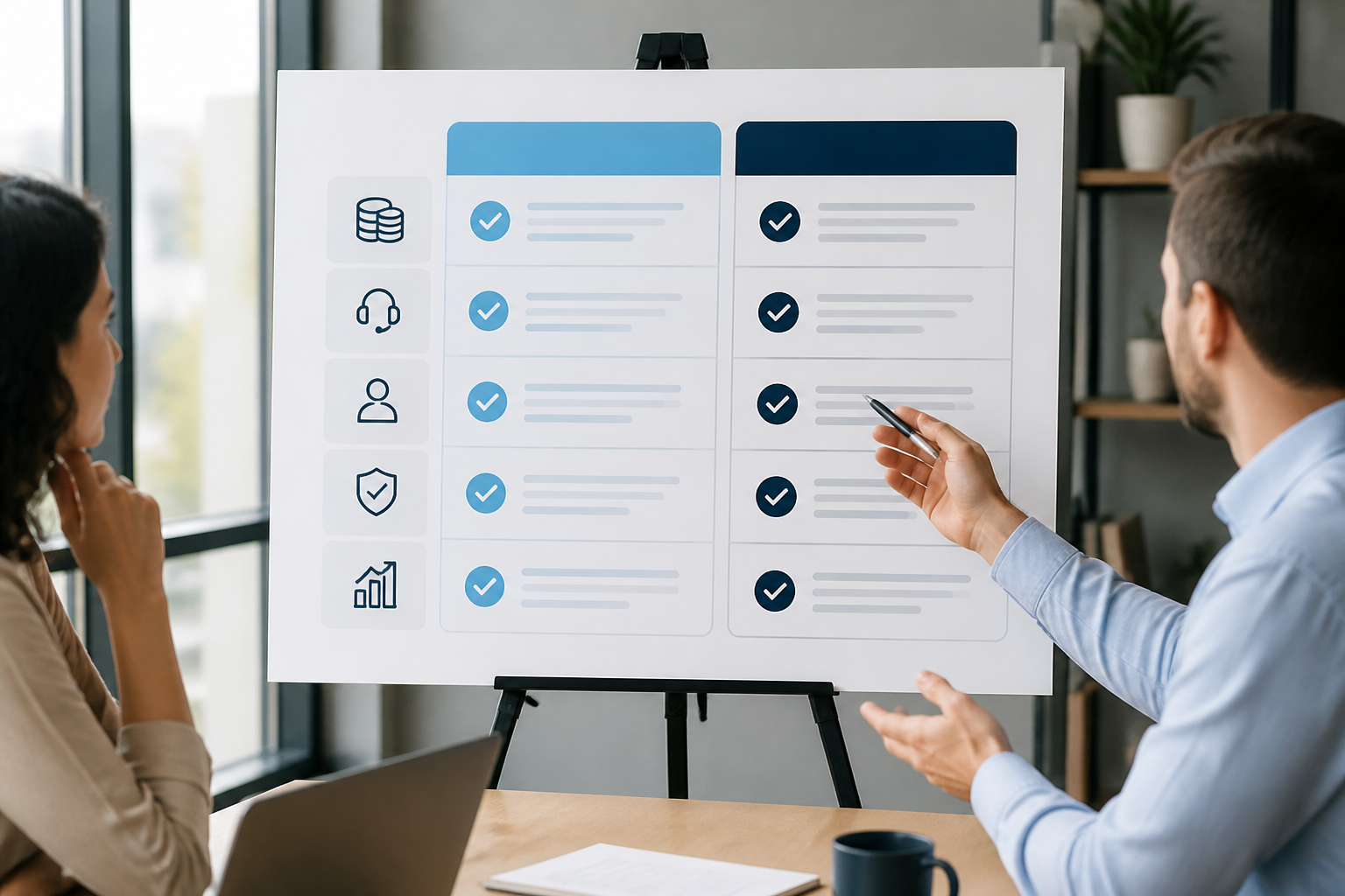 A comparison chart outlining the cost structures and service scopes for IT help desk and managed IT services