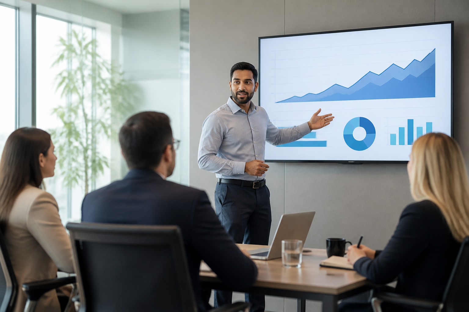 A consultant presenting data analytics and growth opportunities on a screen to business stakeholders.