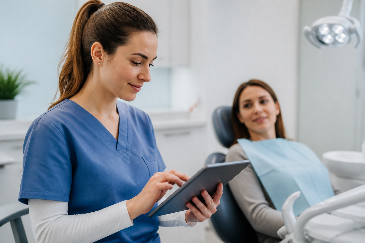 A dental hygienist using a tablet for patient records in a modern clinic