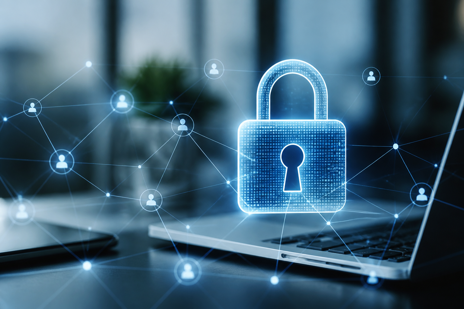 A digital padlock icon superimposed over a network diagram, symbolizing robust cybersecurity for businesses.