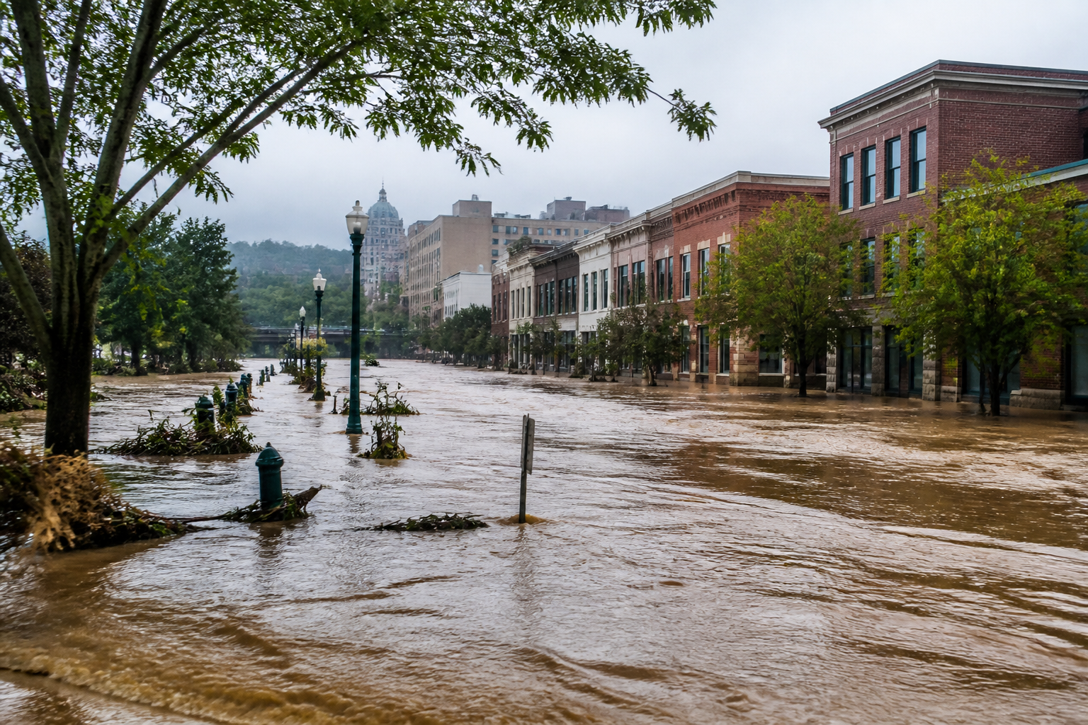 A flooded street in Asheville, North Carolina, demonstrating the impact of Hurricane Helene.
