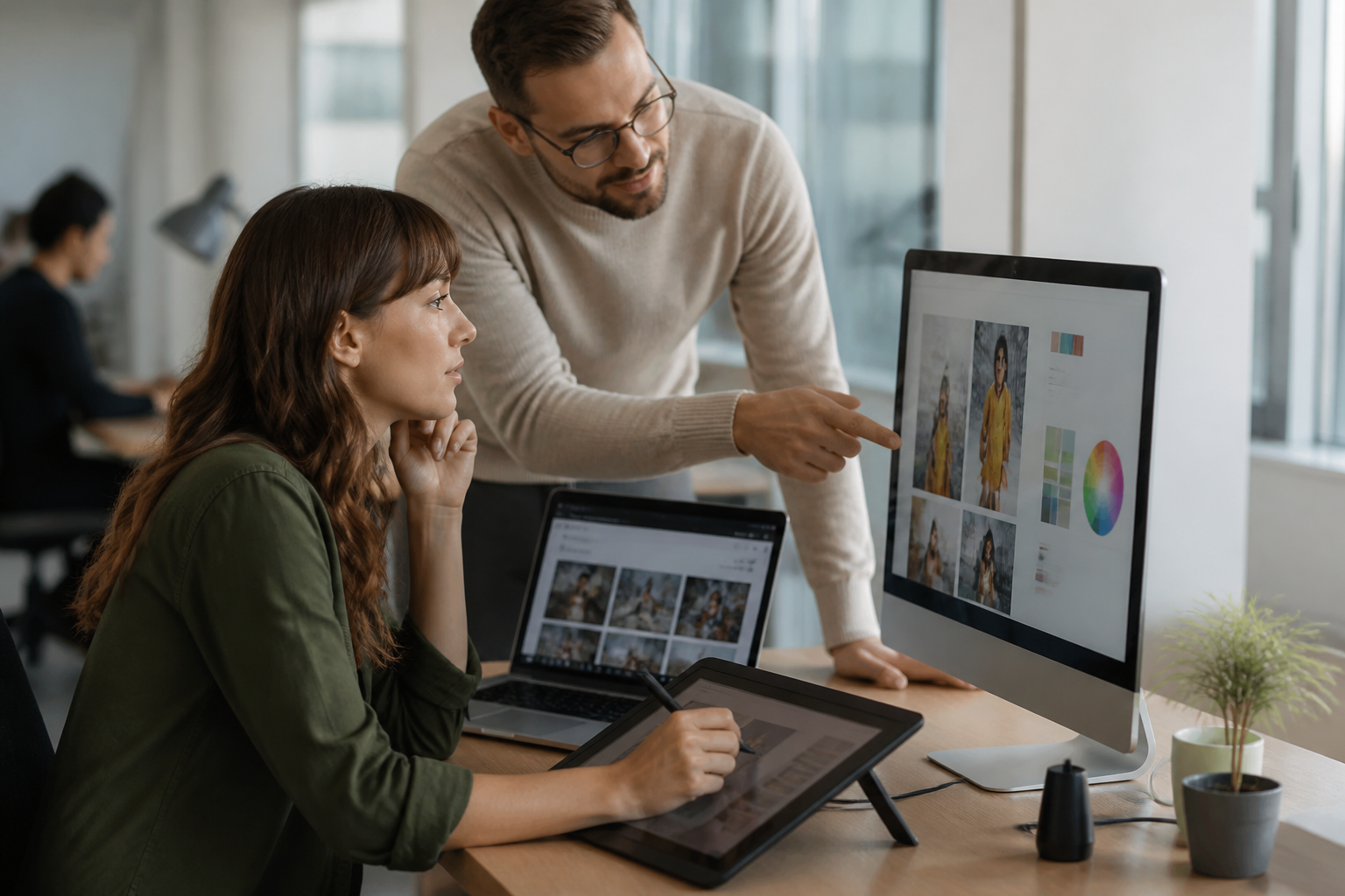 A graphic designer collaborating on a cloud-based project, highlighting modern creative workflows