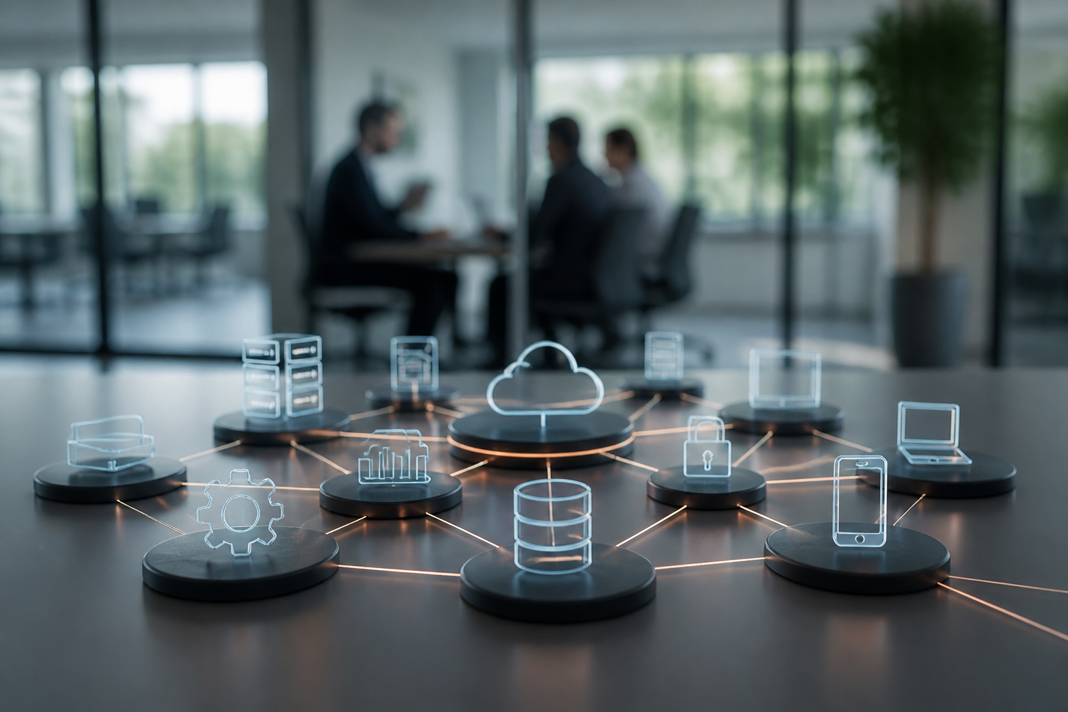 A graphic illustrating the interconnectedness of IT systems within a business framework.