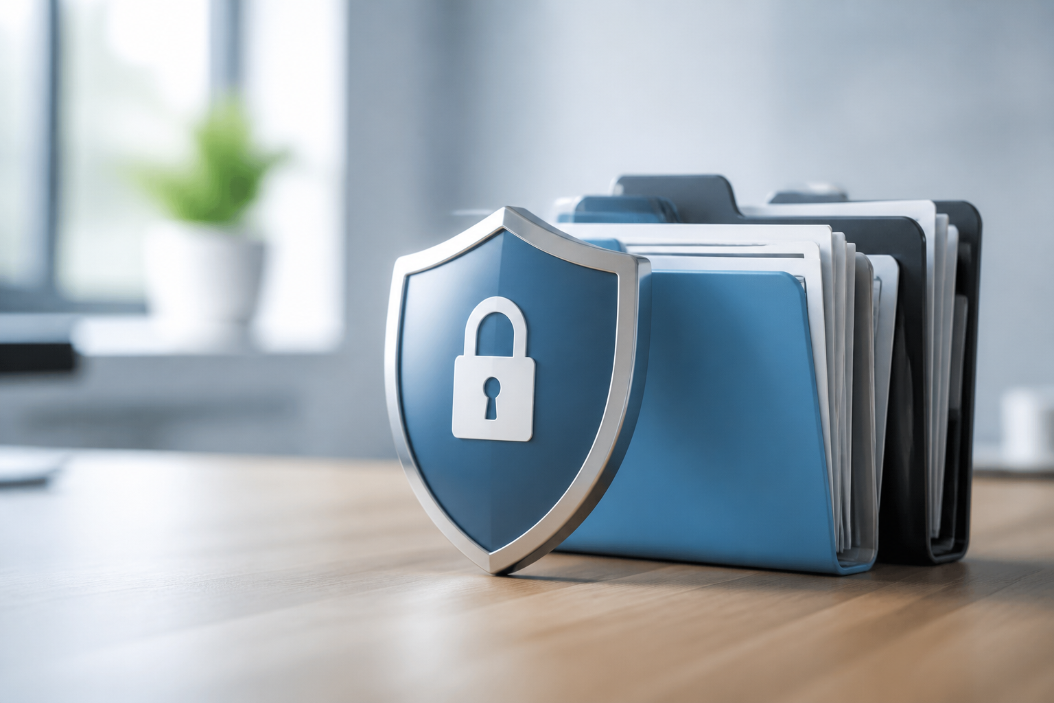 A graphic representation of data protection, featuring a shield icon guarding digital files.