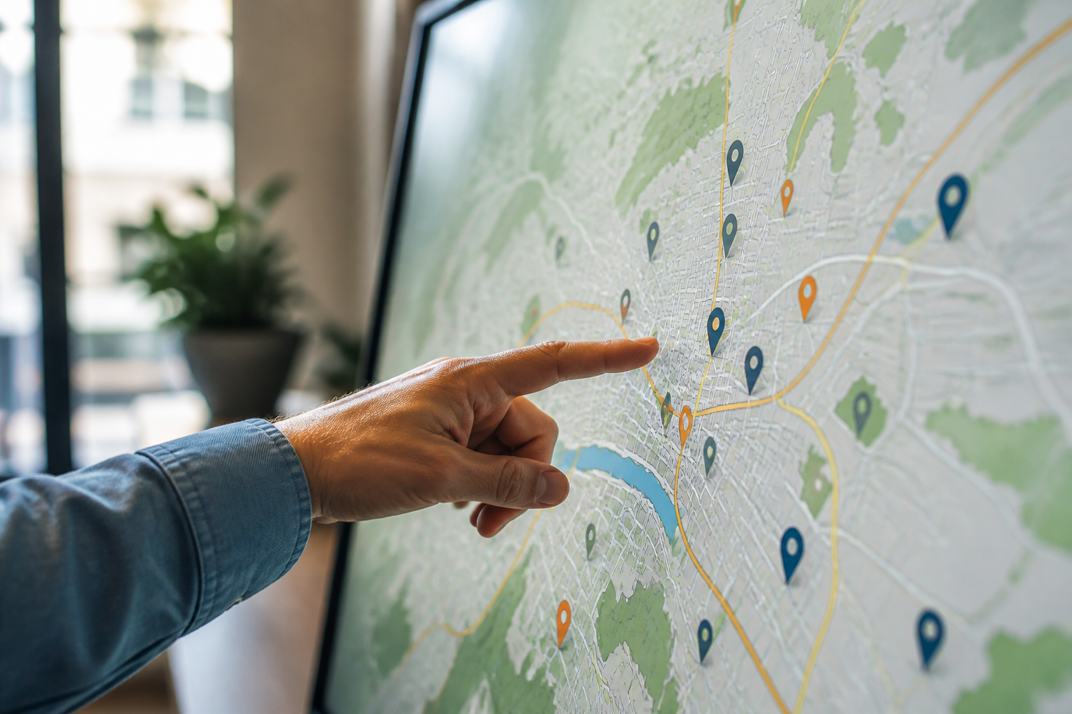 A hand pointing to a digital map of Asheville, highlighting local business support