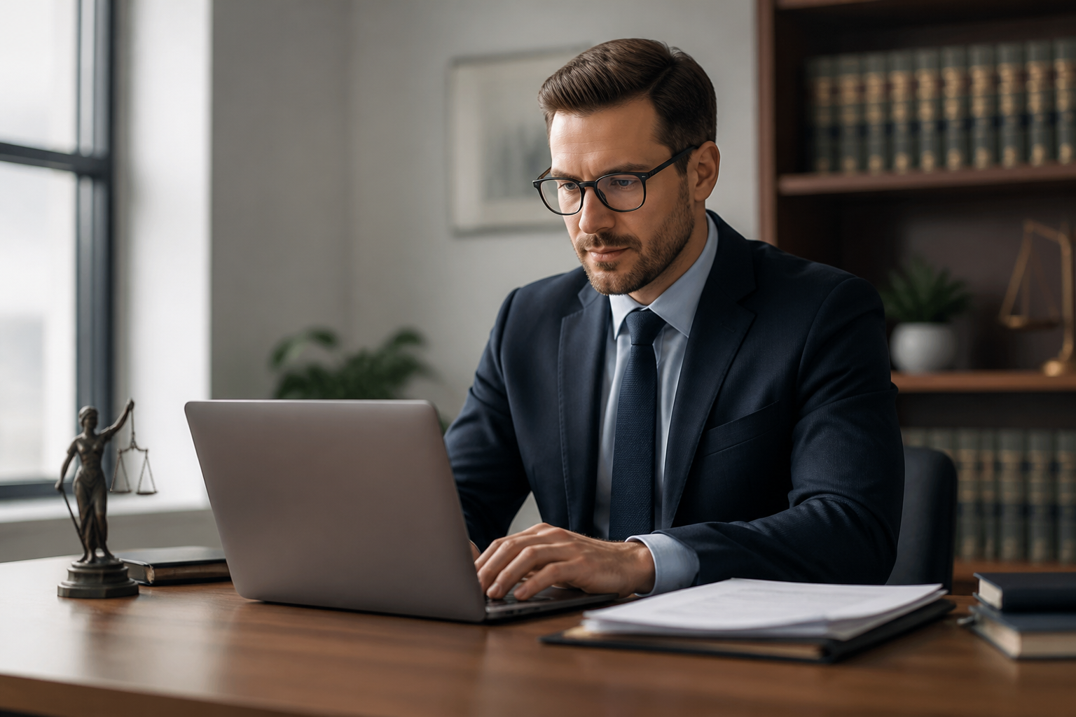 A lawyer working on a laptop with legal documents, symbolizing the need for secure legal IT support.