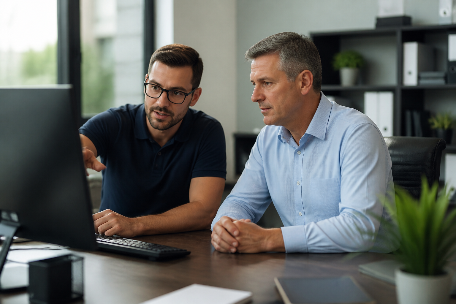 A managed IT service provider helping a small business owner with their computer system.