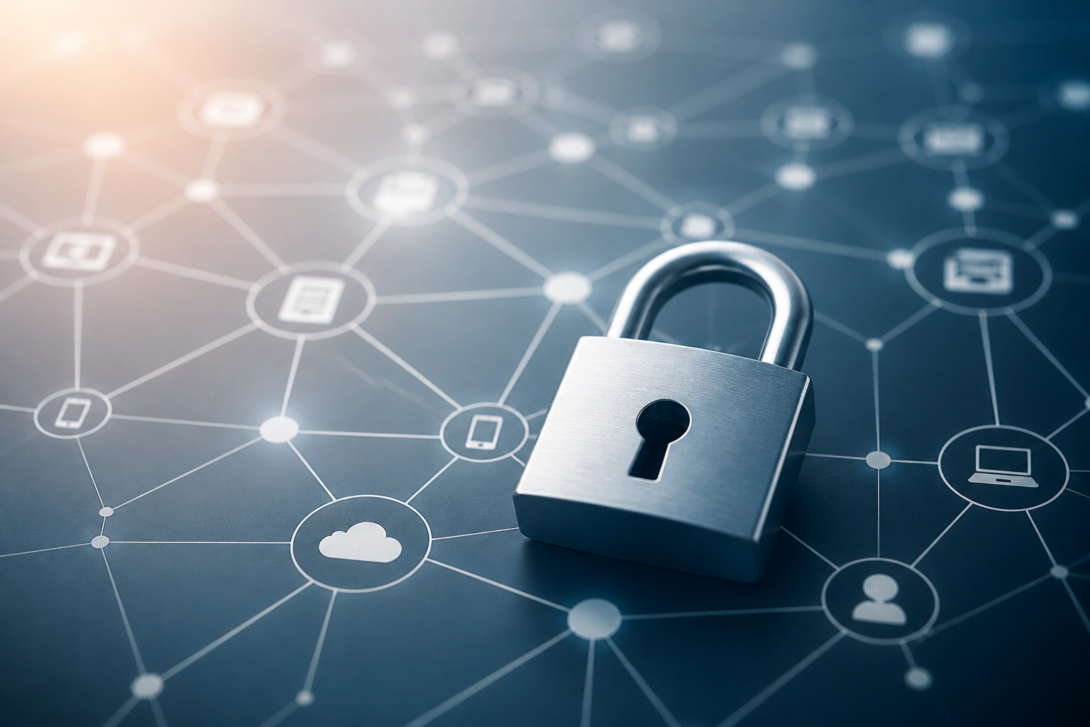 A padlock icon overlaying a network diagram, symbolizing digital asset protection