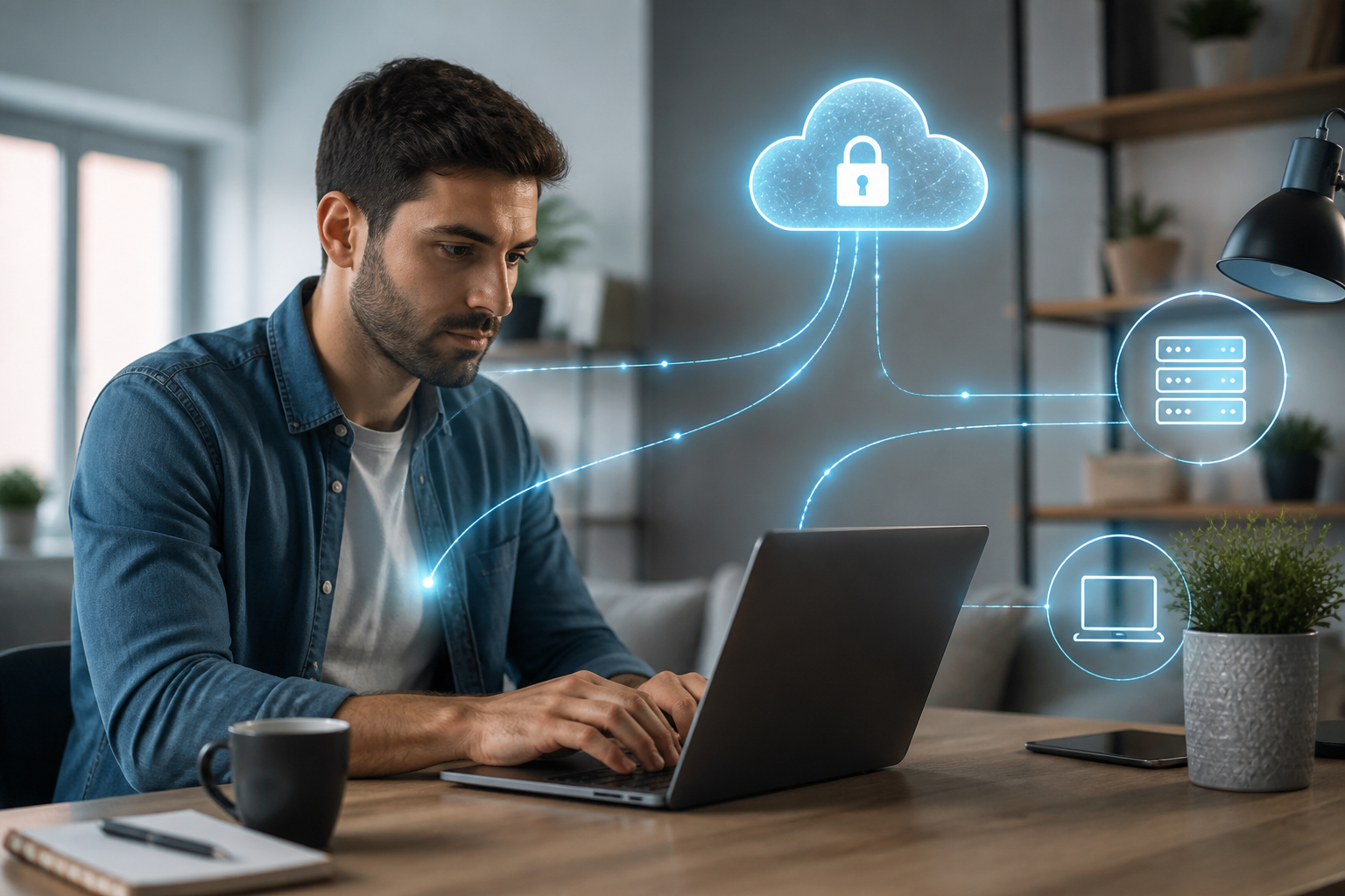 A person working remotely on a laptop with secure network connections shown as lines to a cloud and servers.