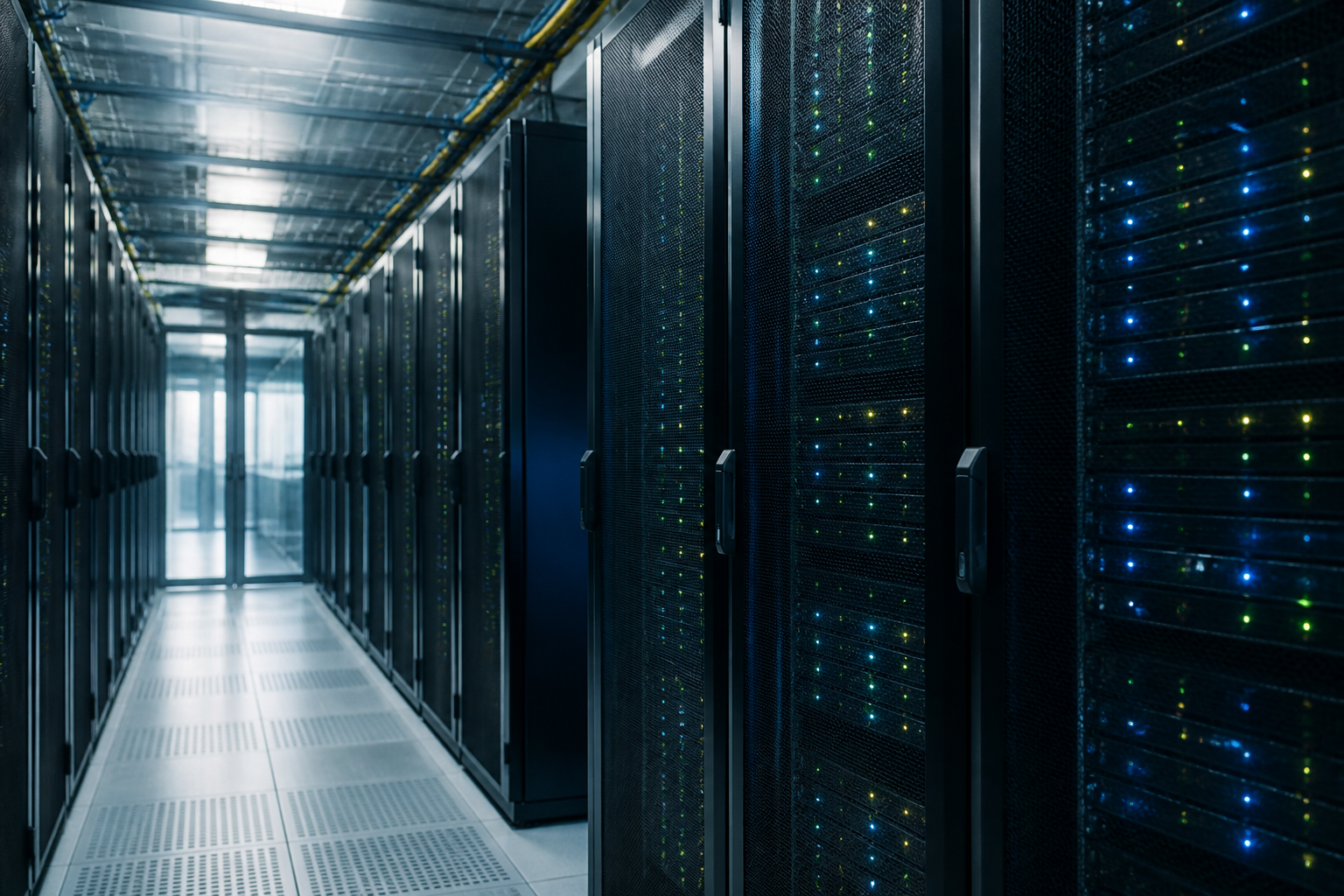 A secure data center with blinking lights, illustrating efficient cloud infrastructure.