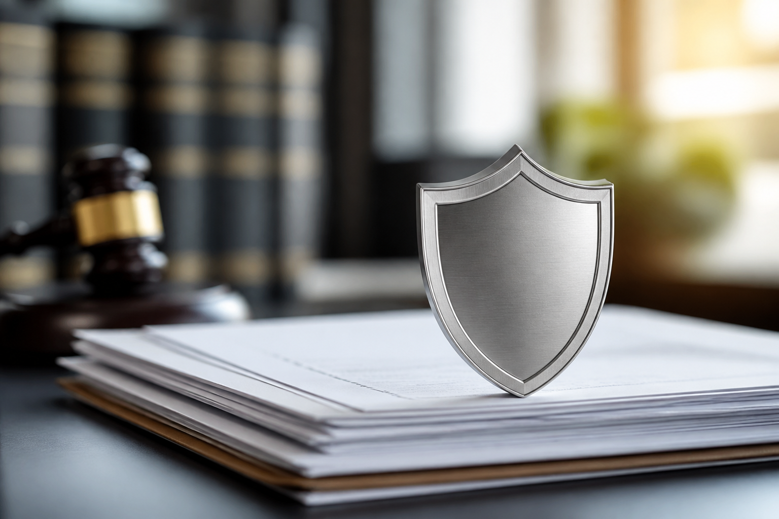 A shield icon overlaid on legal documents, representing data security and compliance for law firms.