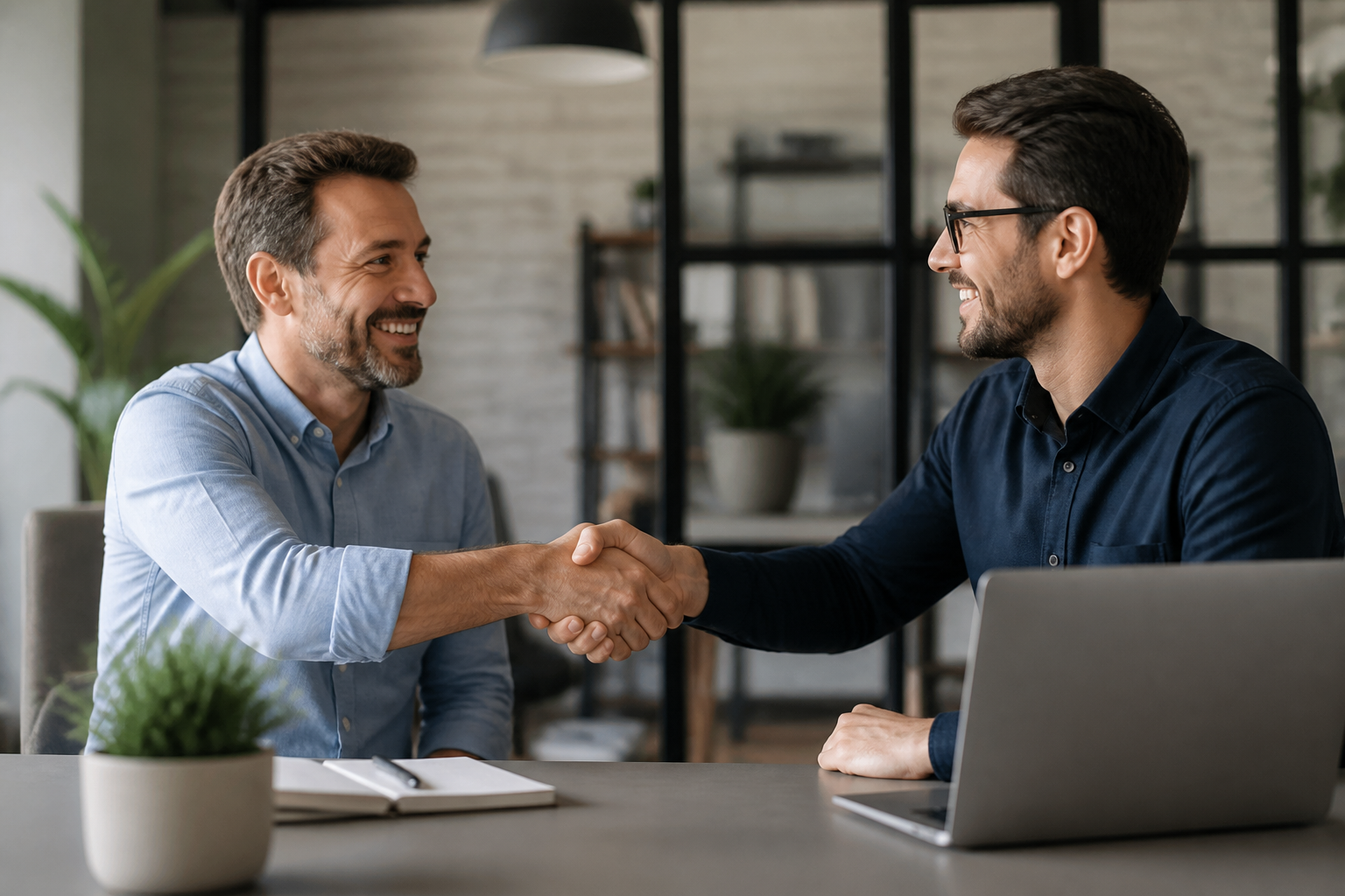 A small business owner shaking hands with an IT expert, representing partnership and cost-effective solutions.