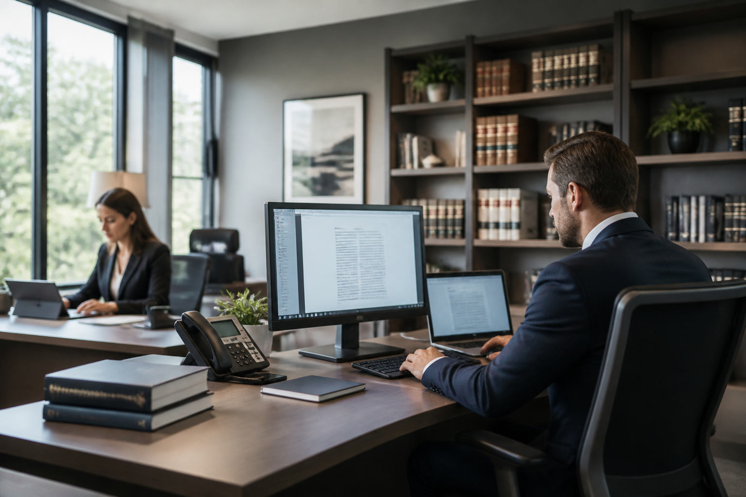 A small law firm office with a modern technological setup, highlighting IT integration.