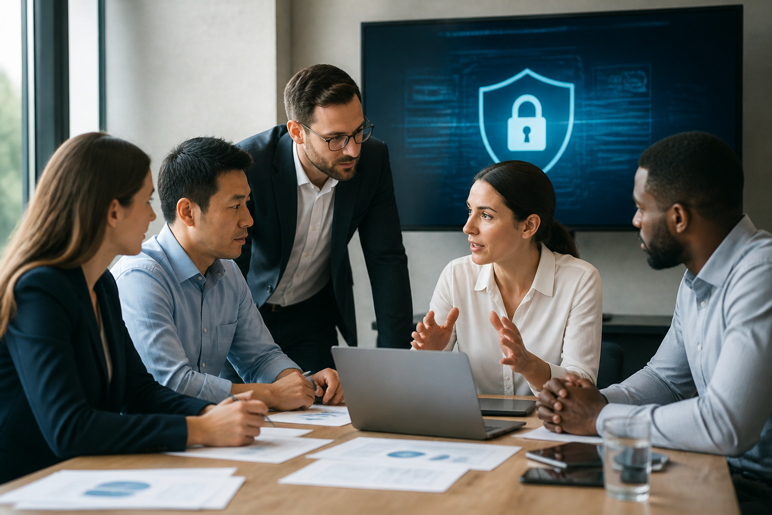 A team collaborating on cybersecurity strategy